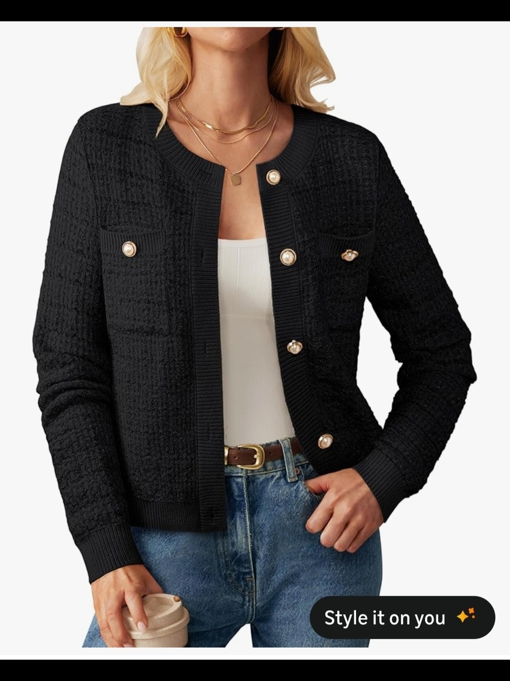 Grace Karin Black Tweed Pearl-Button Cardigan Jacket